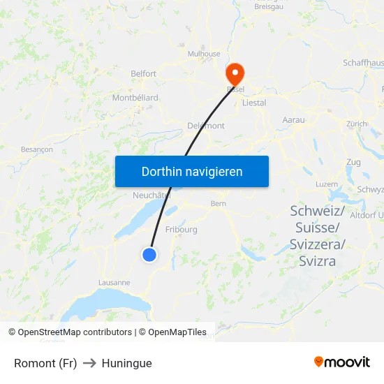 Romont (Fr) to Huningue map