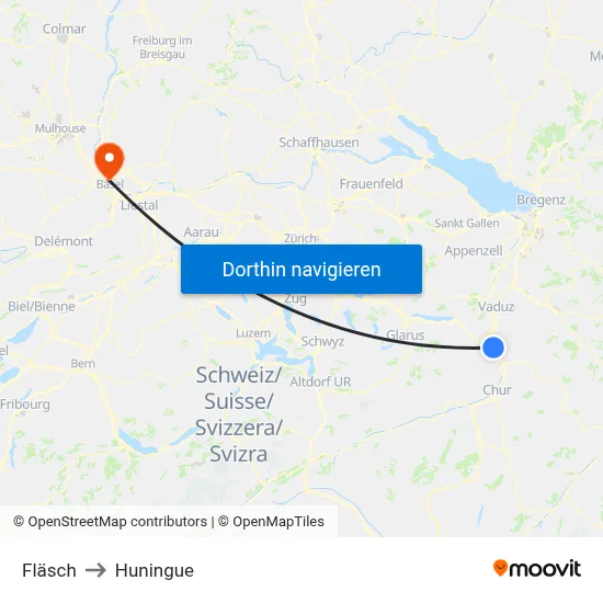 Fläsch to Huningue map
