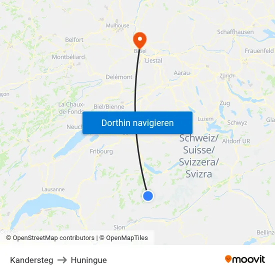 Kandersteg to Huningue map