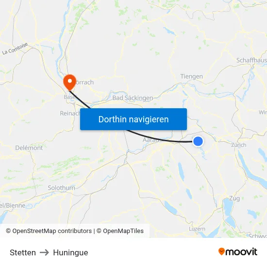Stetten to Huningue map
