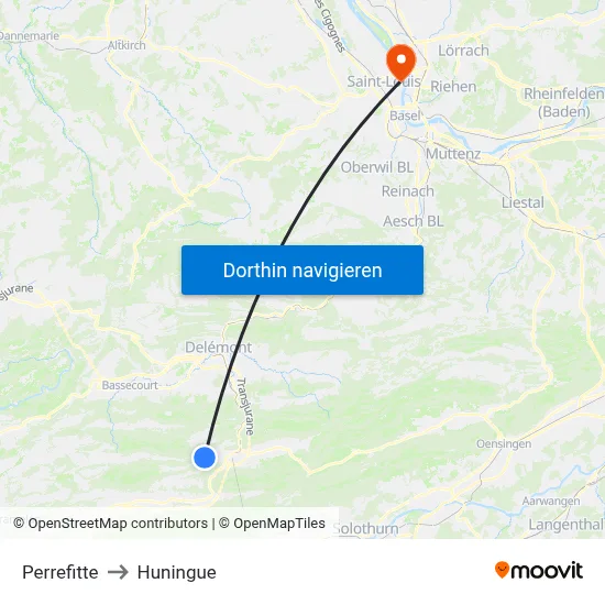 Perrefitte to Huningue map