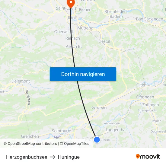 Herzogenbuchsee to Huningue map