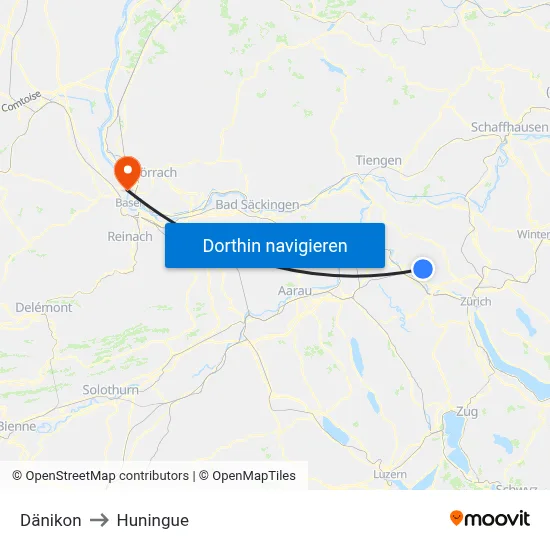 Dänikon to Huningue map