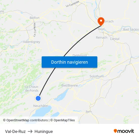 Val-De-Ruz to Huningue map
