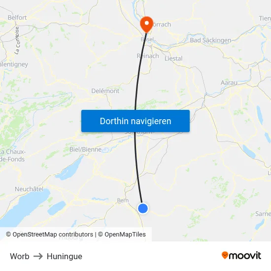 Worb to Huningue map