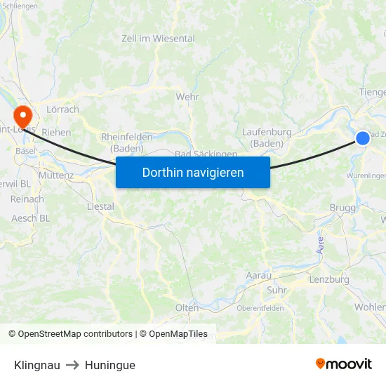 Klingnau to Huningue map