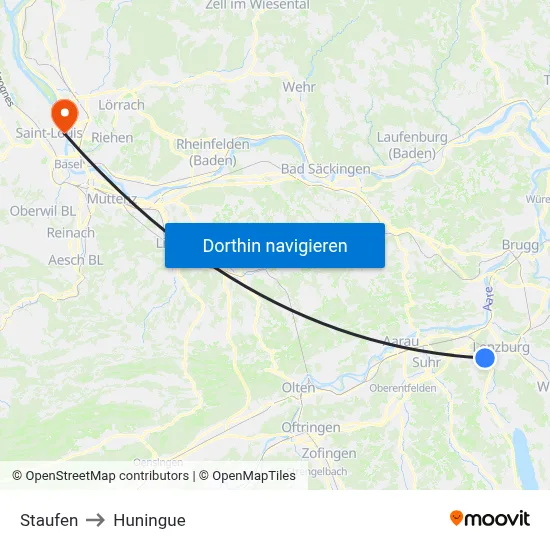 Staufen to Huningue map