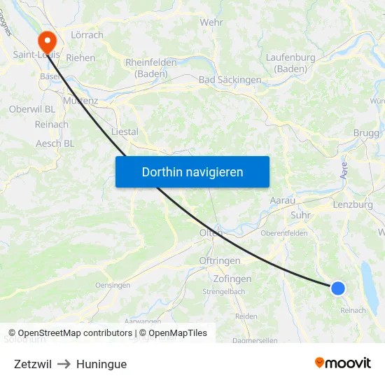 Zetzwil to Huningue map