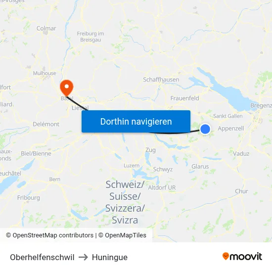 Oberhelfenschwil to Huningue map