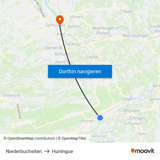 Niederbuchsiten to Huningue map