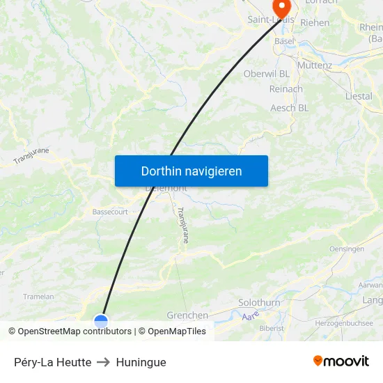 Péry-La Heutte to Huningue map