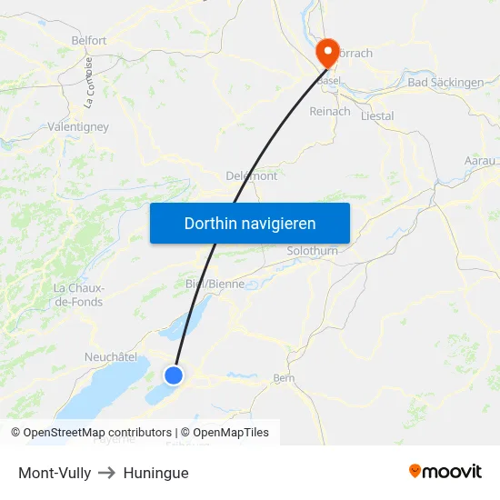 Mont-Vully to Huningue map