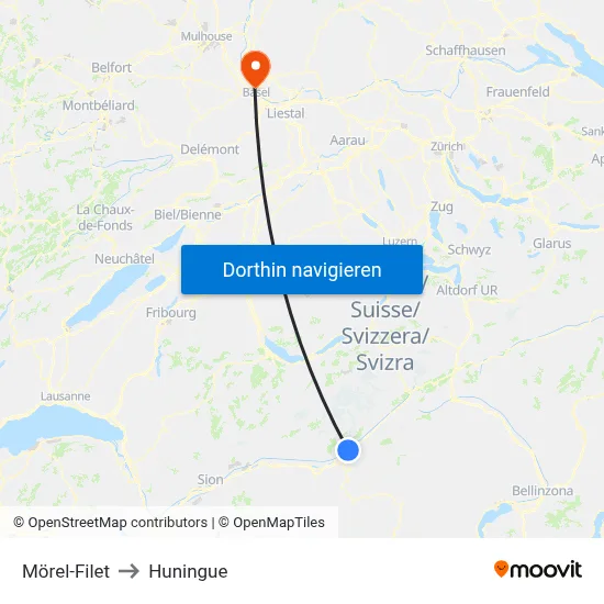 Mörel-Filet to Huningue map