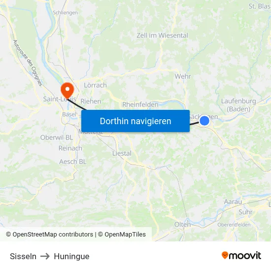 Sisseln to Huningue map