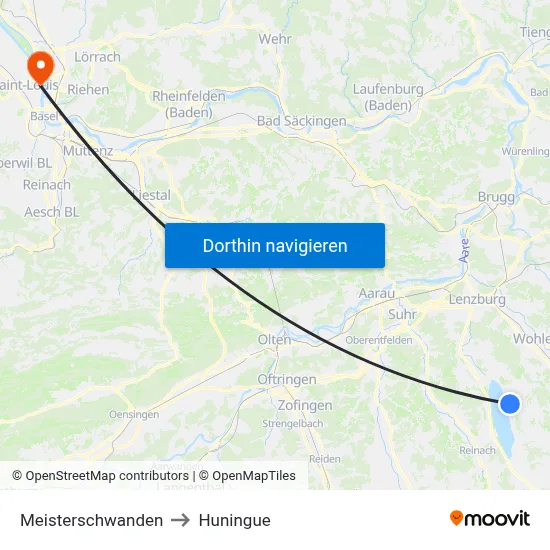 Meisterschwanden to Huningue map