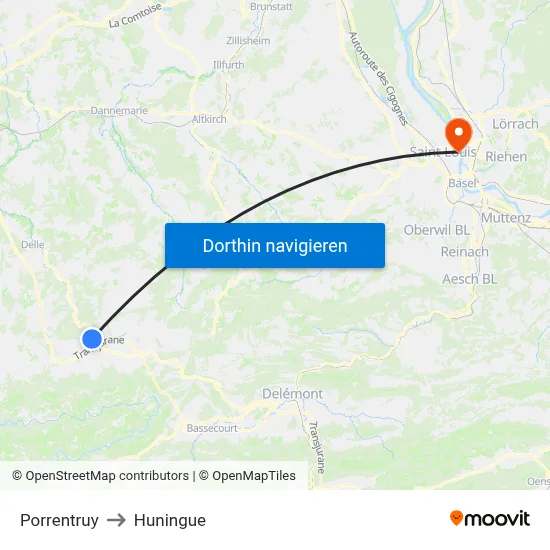 Porrentruy to Huningue map