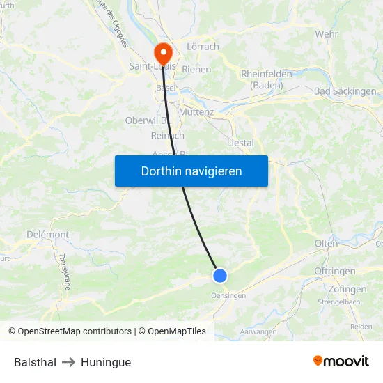 Balsthal to Huningue map