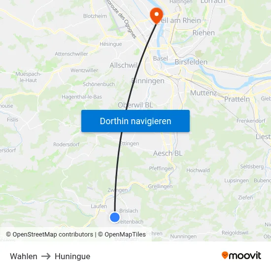Wahlen to Huningue map