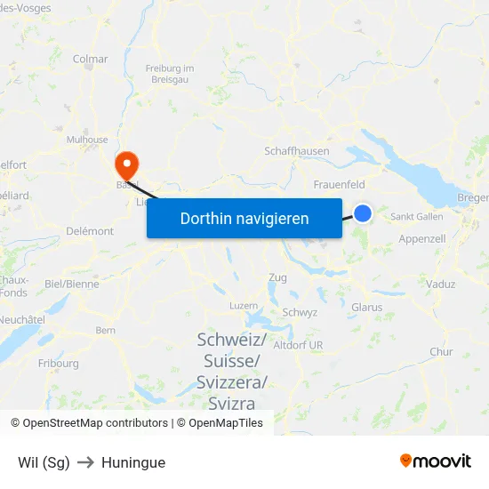 Wil (Sg) to Huningue map