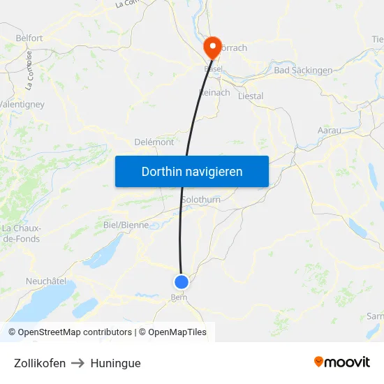 Zollikofen to Huningue map
