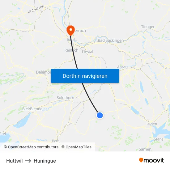 Huttwil to Huningue map