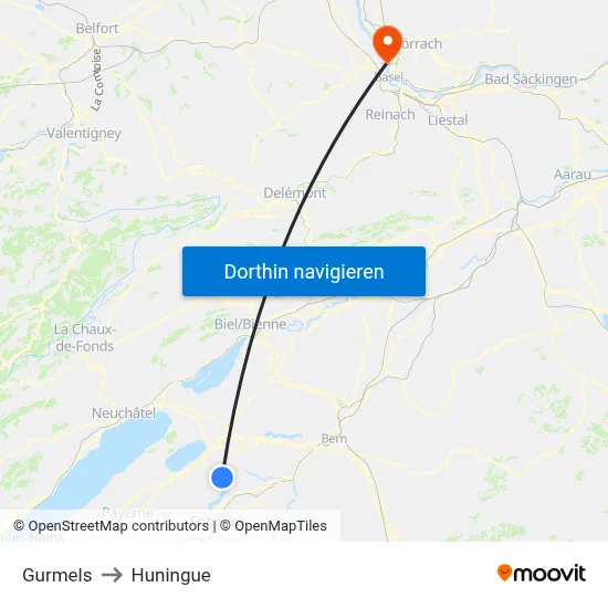 Gurmels to Huningue map