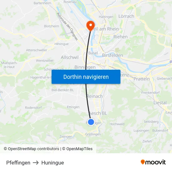 Pfeffingen to Huningue map