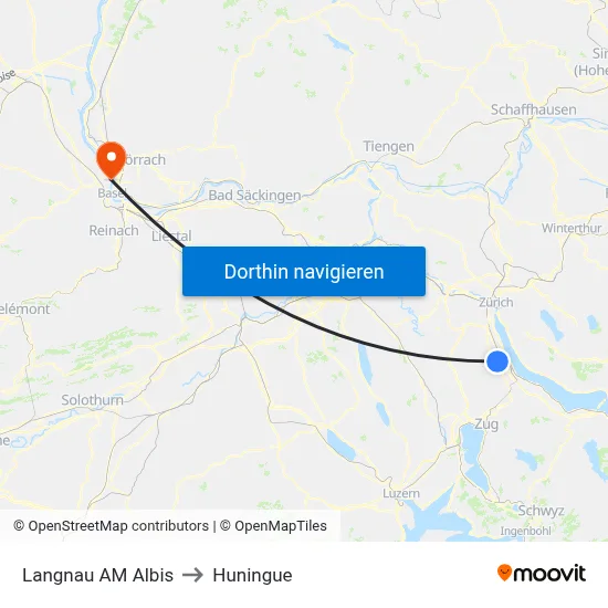 Langnau AM Albis to Huningue map