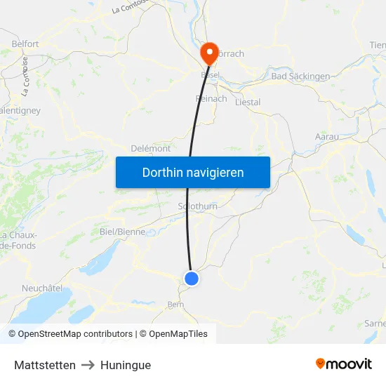 Mattstetten to Huningue map