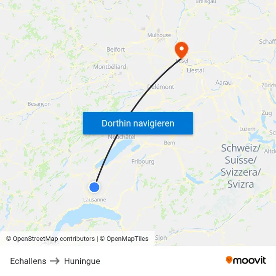 Echallens to Huningue map