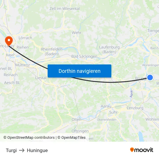 Turgi to Huningue map
