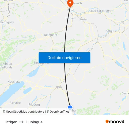 Uttigen to Huningue map