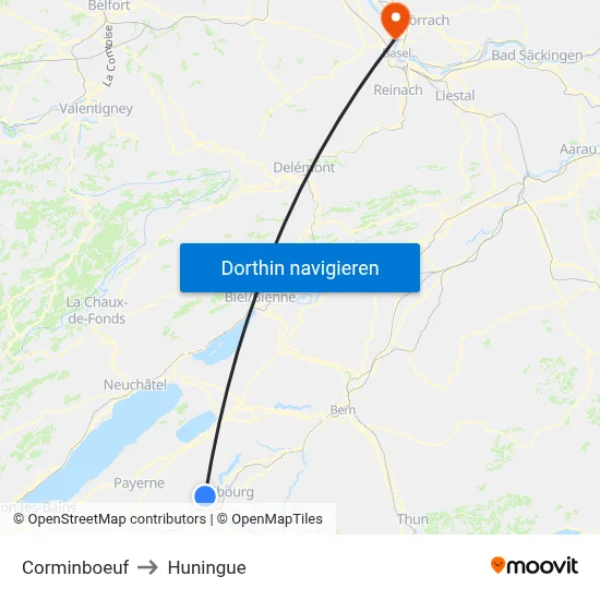Corminboeuf to Huningue map