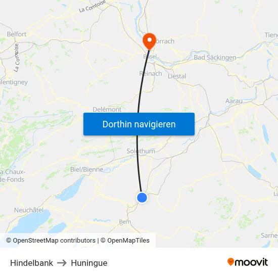 Hindelbank to Huningue map