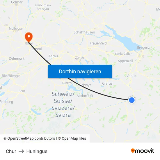 Chur to Huningue map