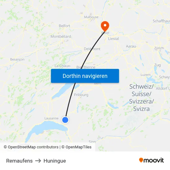 Remaufens to Huningue map