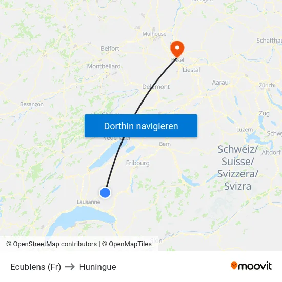 Ecublens (Fr) to Huningue map