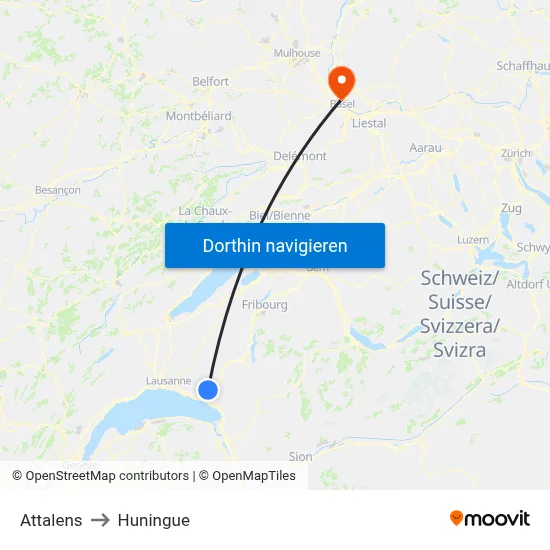 Attalens to Huningue map