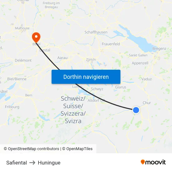 Safiental to Huningue map