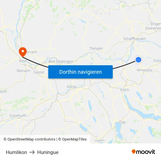 Humlikon to Huningue map
