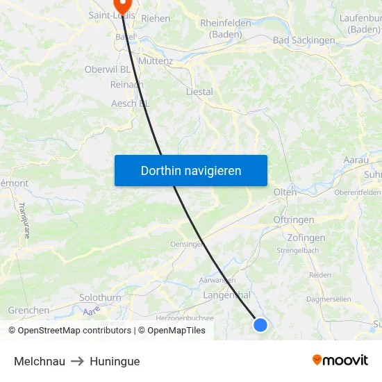 Melchnau to Huningue map