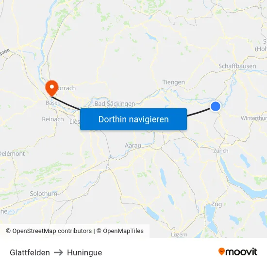 Glattfelden to Huningue map
