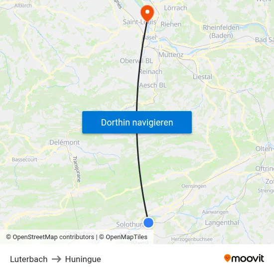 Luterbach to Huningue map