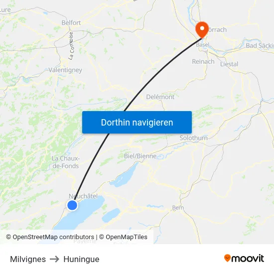 Milvignes to Huningue map
