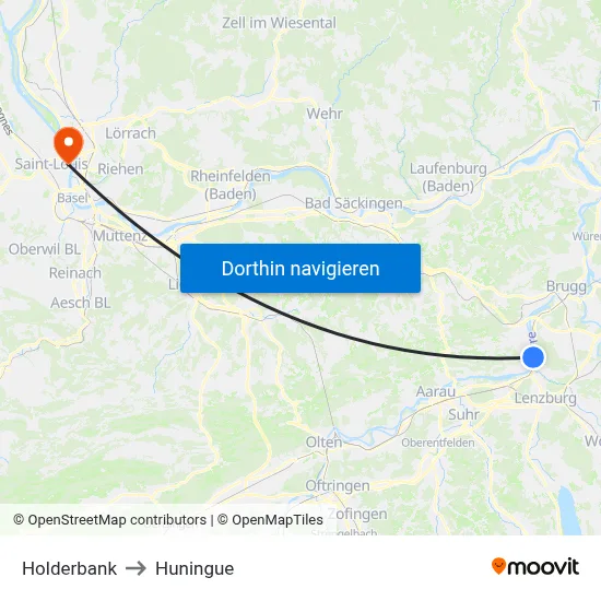 Holderbank to Huningue map