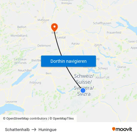 Schattenhalb to Huningue map
