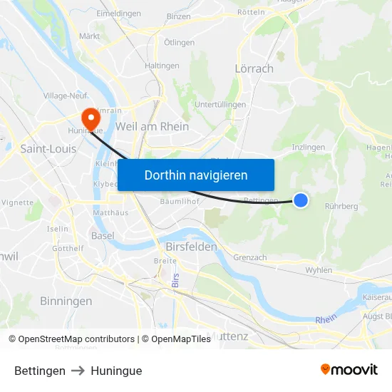 Bettingen to Huningue map