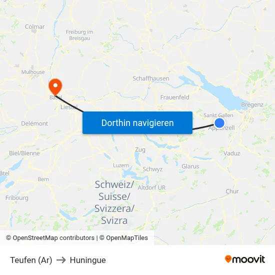 Teufen (Ar) to Huningue map