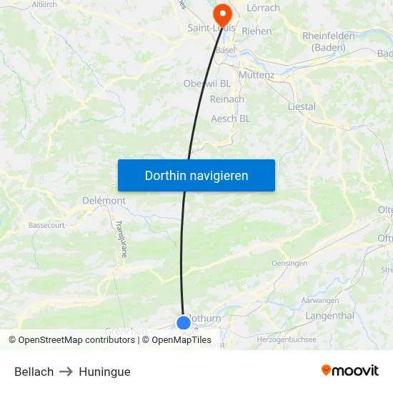 Bellach to Huningue map