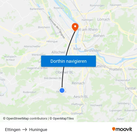 Ettingen to Huningue map